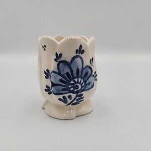 Vintage Delft Blue Tulip Candle Holder Hand-Painted Ceramic Floral Petals 2.5"